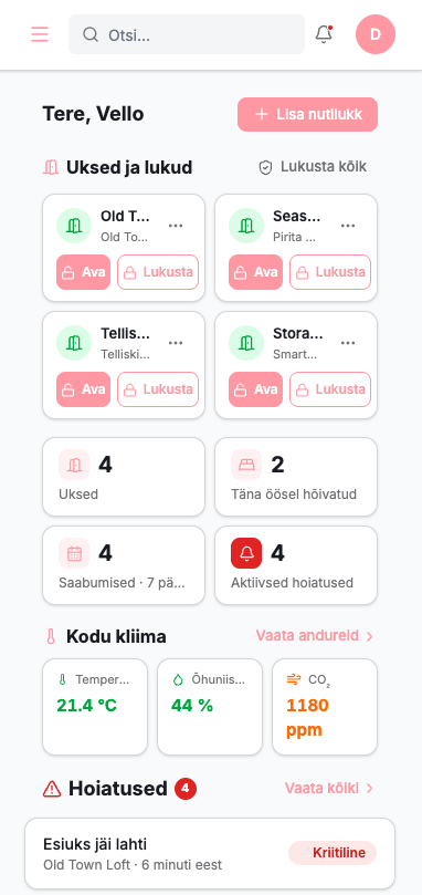 EZYsmart mobile app — doors, locks, climate and alerts dashboard